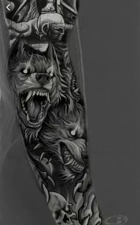 Animals Tattoo For Men, Hades And Cerberus Tattoo, Cerberus Tattoo Design, Hades And Cerberus, Elbow Tattoo Ideas, Cerberus Tattoo, Animal Tattoos For Men, Arm Sleeve Tattoo, Wild Animals Painting