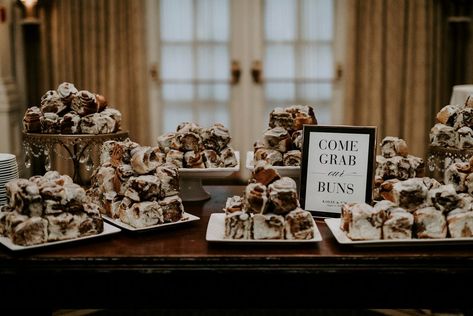 Cinnamon Roll Dessert Table, Cinnamon Rolls Wedding Display, Cinnamon Roll Bar At Wedding, Cinnamon Roll Wedding Display, Wedding Cinnamon Rolls, Cinnamon Roll Display, Cinnamon Rolls Wedding, Cinnamon Roll Wedding, Ballroom Wedding Ceremony