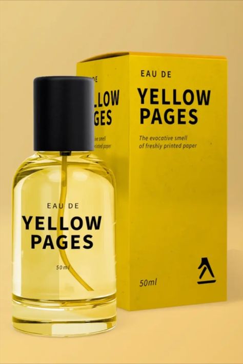 Yell's in-house creative team beautifully designed the packaging for "Eau de Yellow Pages," a fragrance drenched in nostalgia. This scent evokes memories of a bygone era when the yellow book was a household staple. Crafted to replicate the unmistakable aroma of a fresh Yellow Pages, it boasts refreshing top notes of Bergamot and a touch of Lemon, intertwined with rich, woody scents of Cedar and Musk and anchored by sweet Vanilla base notes. Yellow Beauty Products, Yellow Label Design, Black And Yellow Packaging Design, Yellow Book Cover Design, Yellow Skincare Packaging, Health Packaging, Black Packaging, Skincare Branding, Yellow Pages