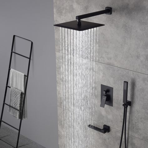 This wall-mounted 3-function matte black single shower rain system is made of brass, and the square stainless-steel shower has a high-level appearance and long-lasting durability—CUPC-certified valve, stainless steel hand shower with 59-inch hose, and 15-inch shower arm. The whole shower system will bring you an advanced shower experience and wash away all-day fatigue. CASAINC Black 10-in Waterfall Built-In Shower Faucet System with 3-way Diverter (Pressure-balanced Valve Included) Stainless Ste Led Faucet, Bathtub Spout, Rain Shower System, Led Shower Head, Freestanding Tub Faucet, Digital Showers, Dual Shower Heads, Wall Mount Faucet, Tub Spout