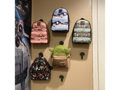 Mini Backpack Display Ideas, Displaying Loungefly Bags, Loungefly Bag Storage, Mini Backpack Storage Ideas, How To Display Loungefly Backpacks, Display Loungefly Backpacks, Loungefly Bag Display Wall, Disney Backpack Display, Loungefly Wall Display