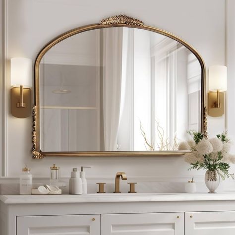 Amazon.com: OUSHUAI Gold Vintage Wall Mirror,Antique Wide Mirror Decor,Arched Big Mirror for Entryway/Bathroom/Fireplace 37"X29" : Home & Kitchen Antique Bathroom Mirror, Antique Mirror Bathroom, French Bathroom Decor Vintage, Grandma Bathroom, Bathroom Tub Decor, Gold Mirror Bathroom, French Inspired Bathroom, Rose Bathroom, Vintage Bathroom Mirrors