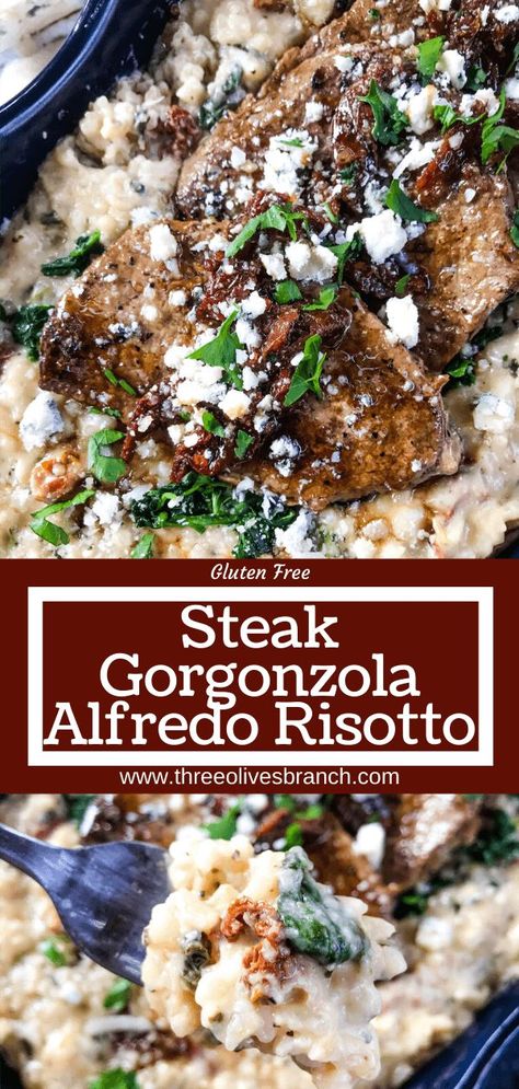 Risotto And Steak, Risotto With Steak, Blue Cheese Risotto, Beef Risotto Recipes, Alfredo Risotto, Italian Steak Recipes, Steak And Risotto, Gorgonzola Steak, Steak Risotto