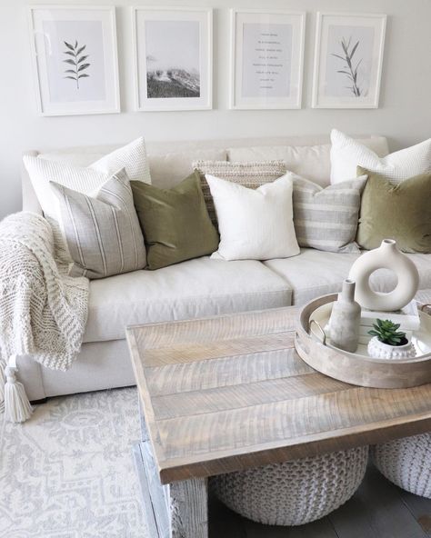 Cream Sofa Throw Ideas, Cushions For Beige Couch, White Sectional Green Pillows, Beige Sofa White Walls, Cushions For A Beige Sofa, Grey Couch Sage Green Pillows, Beige Couch Throw Pillows, Decor For Above The Couch, Style Beige Couch