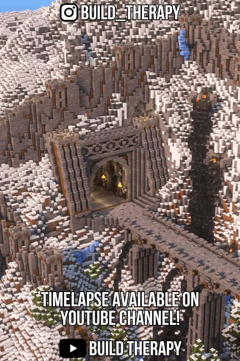 My Biggest Minecraft Build ever, A dwarven style medieval Fort! I hope you like the design, full timelapse for this entire build on my Youtube :) Minecraft Giant Door Design, Minecraft Medieval Fortress, Huge Minecraft Castle, Minecraft Mountain Temple, Mountain Builds Minecraft, Minecraft Mountain Entrance, Minecraft Bases Ideas, Minecraft Dwarven Architecture, Fantasy Castle Minecraft