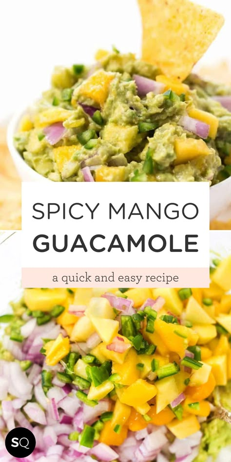 This spicy mango guacamole recipe is a quick and easy spread that goes with everything. Use it on top of burgers, dip with chips or spread it on some toast!We're taking a tropical twist by adding chopped mango, then spicing it up with some fresh jalapeno. Such a fun twist and a total crowd-pleaser! Spicy Mango Guacamole | Vegan & Gluten-Free Recipe | Simply Quinoa Fancy Guacamole Recipe, Vegan Mango Recipes, Mango Appetizer, Mango Guacamole Recipe, Vegan Vodka Sauce, Spicy Guacamole Recipe, Fresh Jalapeno, Mango Guacamole, Guacamole Recipes