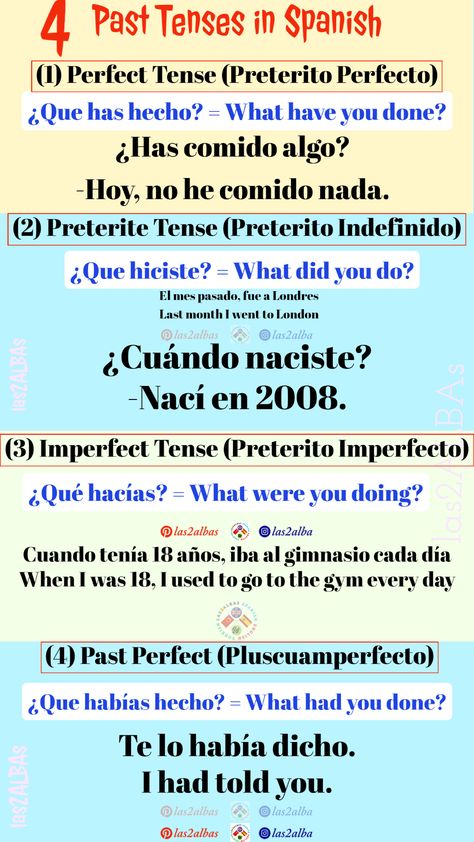 There are 4 main past tenses in Spanish. The imperfect tense is one of the two simple past tenses in Spanish. Use the imperfect to talk about a habit, or an action that was spread over an extended period of time, this could be a continuous action or situation, or one with possible stops and starts. Even though English doesn’t have a direct equivalent tense for Imperfect, it is more or less equivalent to (used to) and (past continuous) Spanish Past Tense Conjugation, Past Tense In Spanish, Past Tense Spanish, Spanish Tenses Chart, Imperfect Tense Spanish, Spanish Past Tense, Spanish Future Tense, Spanish Verb Tenses, Future Tense Spanish