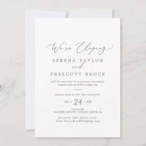 Reception After Eloping, Post Elopement Party, Minimalist Elopement, Summer Calligraphy, Silver Calligraphy, Elopement Party, Elopement Invitation, Modern Wedding Reception, Elopement Reception