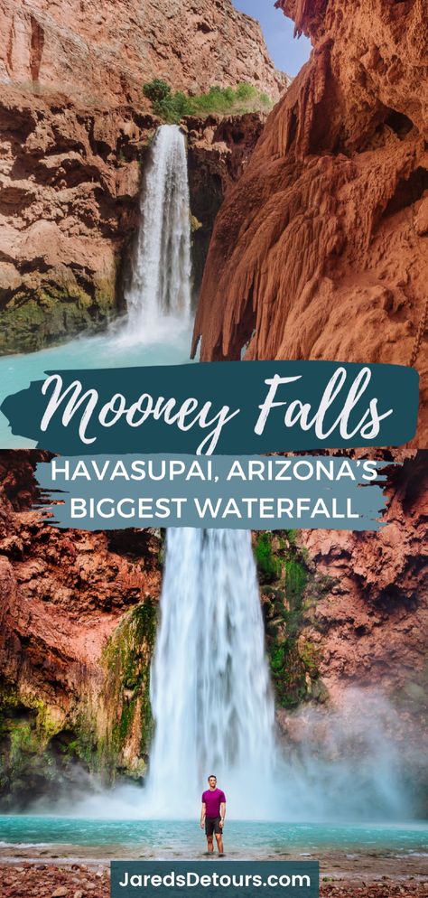 Travel Guide to Mooney Falls Arizona: Havasupai’s Biggest Waterfall. Mooney Falls is the biggest waterfall along Havasu Creek. The spring-fed, blue water in the creek passes through the Havasupai Reservation near the Grand Canyon in Arizona and is a beautiful hidden gem for your Arizona travel itinerary. Click through to learn more about Mooney Falls Arizona, a beautiful US Destination. US travel photography, Arizona travel, Arizona hikes Mooney Falls, Arizona Hikes, Lake Havasu Arizona, Arizona Travel Guide, Havasupai Falls, Travel Arizona, Arizona Adventure, Arizona Vacation, Havasu Falls