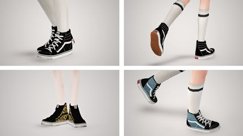 [ VANS Sk8-Hi ] credit_ Pixicat Converse HighTops male & female mesh edit & retexture by rasso model ; Sophie, Corby type ; white, black (stitch and shoelace) both gender YA~A recolorable (4... Sims 3 Shoes, Converse Hightops, Sims 4 Male Clothes, Sims 3 Cc Finds, Die Sims 4, Cc Shoes, Sims 4 Cc Shoes, Intimo Calvin Klein, Sims 4 Children