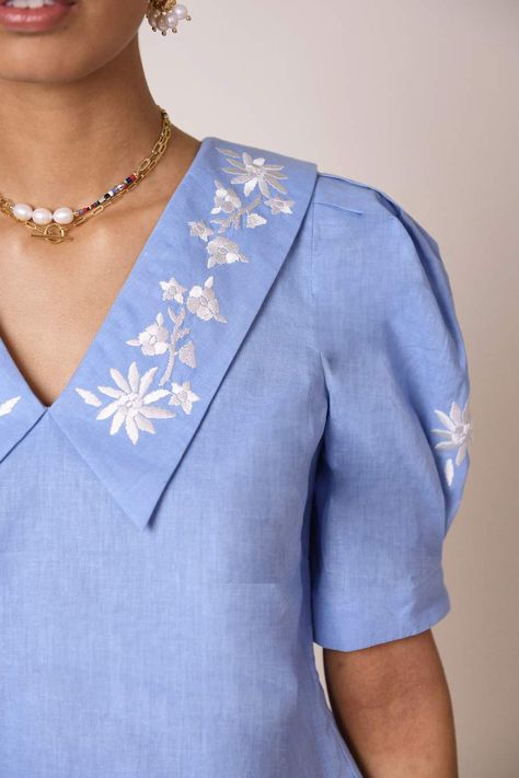 Meet WHITNEY, this time in the perfect shade of cornflower blue. Her structured fit and embroidered details can elevate an outfit from day to night. Whitney’s the perfect choice to take with you to both a weekend BBQ and date night, she’s so versatile! Pair her with a bold print like our leopard Kelly skirt for the ult Collar Embroidery Design, Evening Wedding Guest Dresses, Collar Embroidery, Fabric Painting On Clothes, Why Her, Embroidery On Clothes, Exclusive Dress, Painted Clothes, Collar Top