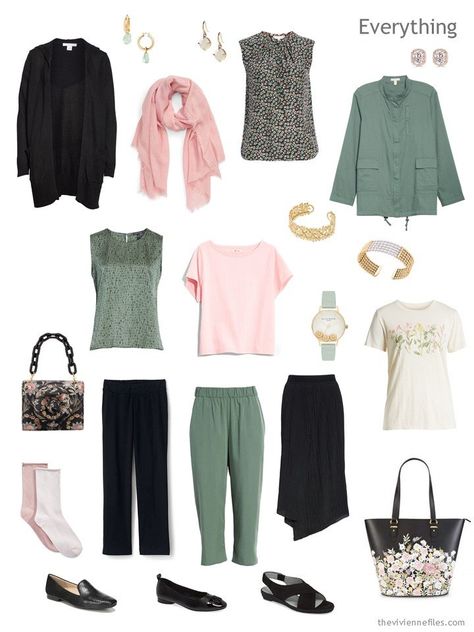 5. travel capsule wardrobe in black, sage green and blush pink 4 By 4 Wardrobe, Pink Capsule Wardrobe, Business Capsule Wardrobe, Clothes Capsule Wardrobe, Pink Wardrobe, The Vivienne Files, Vivienne Files, Travel Capsule Wardrobe, Travel Clothes Women