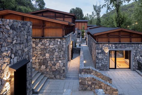 Penda China designs rural resort to look like a traditional village Timber Roof, Apartment Architecture, China Design, Residential Complex, Holiday Resort, Beijing China, Brick And Stone, Stone House, Residential Building