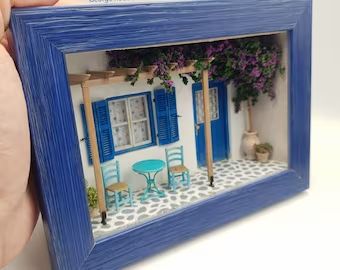 GeorgeRoubis - Etsy UK 3d Box Frames, Box Frame Art, Fairy House Crafts, Cyclades Islands, Garden Crafts Diy, Easy Canvas Painting, Miniature Rooms, Easy Diy Gifts, Blue Frame