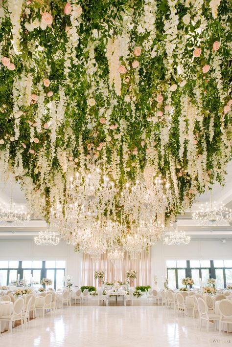 WedLuxe Magazine A Whimsical Garden Arlington Estate, Wisteria Wedding, Fairytale Garden, Wedding Ceiling, Rose Gold Decor, Reception Centerpieces, Wedding Event Design, Wedding Wall, Hanging Garland