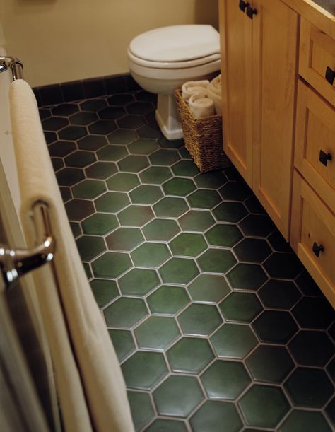 Honeycomb tile floor featuring Motawi’s Hexagon tiles in Lee Green Green Tile Bathroom Floor, Honeycomb Tiles Bathroom, Green Hexagon Tile, Green Tile Floor, Hexagonal Art, Motawi Tile, Bathroom Planning, Dark Green Tile, Hex Tiles