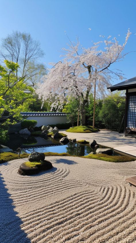 "Serene Japanese #Nature: A tranquil Japanese #ZenGarden showcasing meticulously #RakedSand, blossoming cherry trees, and traditional architecture under clear skies. #CherryBlossoms #JapaneseArchitecture #ScenicView #AIArt #AIPhoto #Stockcake ⬇️ Download and 📝 Prompt 👉 https://stockcake.com/i/serene-japanese-garden_193838_34371" Japanese Sun, Garden Japanese, Japanese Nature, Japanese Pagoda, Traditional Japanese Architecture, Traditional Japanese House, Garden Inspo, Cherry Trees, Japanese Gardens