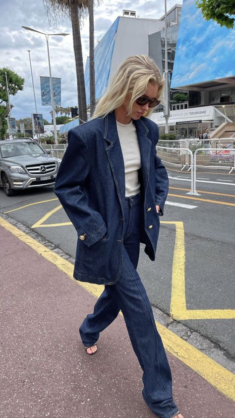 Elsa Hosk, Blue Jeans, Walking, Blazer, Gold, Blue