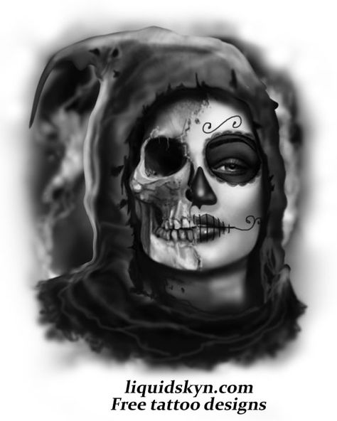 Day of the Dead Girl half skull.  http://www.liquidskyn.com/ Marionette Tattoo, Mexican Skull Tattoos, Sugar Skull Girl Tattoo, Candy Skull Tattoo, Day Of The Dead Girl, Skull Rose Tattoos, Catrina Tattoo, Skull Girl Tattoo, Skull Sleeve Tattoos