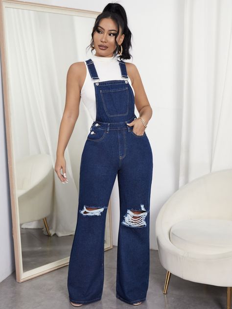 Dark Wash Preppy  Sleeveless Denim Plain Overall Embellished Non-Stretch  Women Denim Wide Legged Overalls Outfit, Wide Leg Dungarees Outfit, Wide Leg Denim Overalls, How To Style A Jean Jumpsuit, Denim Dangri Outfit, Dangri Outfit, Denim Dangri, Denim Dungarees Outfit, Dungarees Outfit