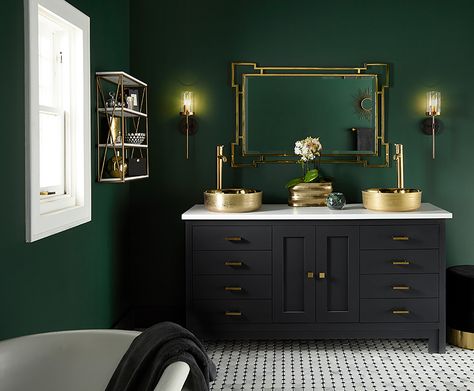 Green Powder Room, Moody Bathroom, Dark Green Bathrooms, Green Bathroom Decor, Black And Gold Bathroom, Bathroom Transformation, Gold Bathroom, Bathroom Redo, Laundry Room Makeover