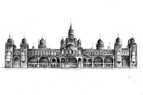 Bangalore Palace Sketch, Mysore Palace Sketch, Mysore Palace Drawing, Palace Drawing, Indian Places, Mysore Dasara, Places Painting, Umaid Bhawan Palace, Mysore Palace