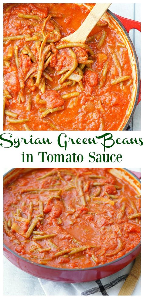 Lebanese Green Beans, Green Beans And Onions, Green Beans In Tomato Sauce, Recipe Green Beans, Beans In Tomato Sauce, Ciroc Recipes, Easy Green Beans, Mackerel Recipes, Syrian Food