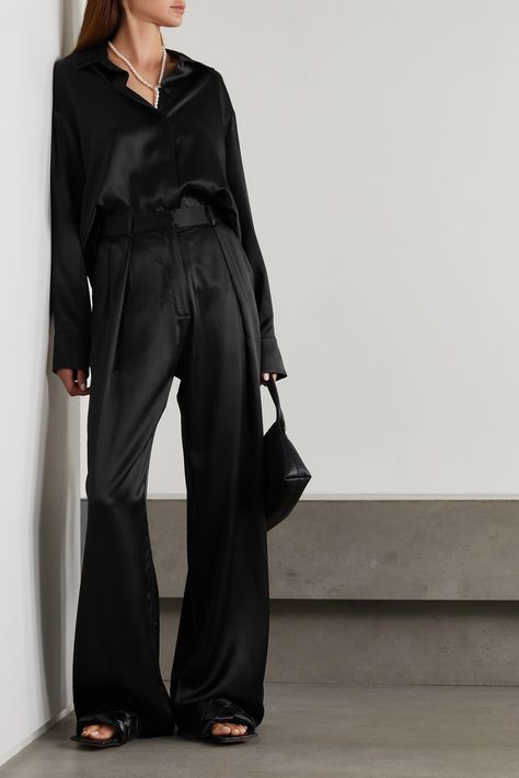 Black Satin Pants Outfit, Satin Set Outfit, Satin Suit Women, Silk Pants Outfit, Satin Pants Outfit, Silk Shirt Outfit, Black Satin Shirt, Satin Outfit, Long Sleeve Maxi Dresses