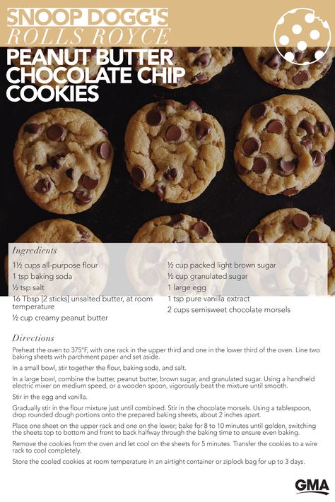 Snoop Dogg's peanut butter chocolate chip cookie recipe - His original cookie features creamy peanut butter and semisweet chocolate morsels, making it the perfect indulgence this holiday season. #christmas #cookies #peanutbutter #recipe #recipes #food #cookie Snoop Dogg Cookie Recipes, Snoop Dog Cookie Recipe, Semisweet Chocolate Chip Recipes, Snoop Dog Chocolate Chip Peanut Butter Cookies, Snoop Dog Peanut Butter Chocolate Chip Cookies, Snoop Dogg Peanut Butter Chocolate Chip Cookies, Snoop Dogg Chocolate Chip Cookies, Snoop Dog Chocolate Chip Cookies, Snoop Dog Cookies