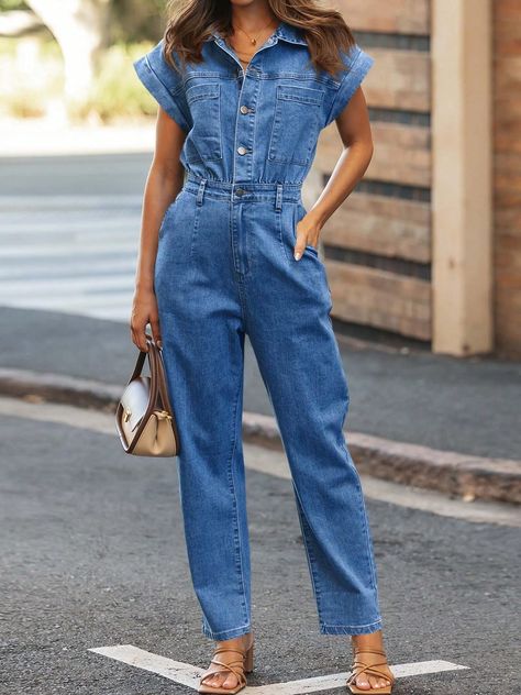 Women's Cap Sleeve Denim Jumpsuit With Button Down Front And Straight Leg Jeans Pants With Pockets Blue Casual   Denim Plain Shirt Non-Stretch  Women Clothing, size features are:Bust: ,Length: ,Sleeve Length: Denim Jumpsuit Outfit, Romper Long Pants, Jumpsuit Outfit, Classy Work Outfits, Plain Shirt, Mini Dresses For Women, Pants With Pockets, Women's Casual Style, Formal Dresses For Women