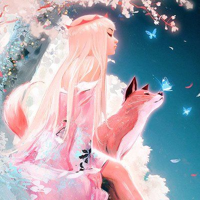 Ross Tran, White Hair, Frozen, Fox, Hair, Pink, White, Art