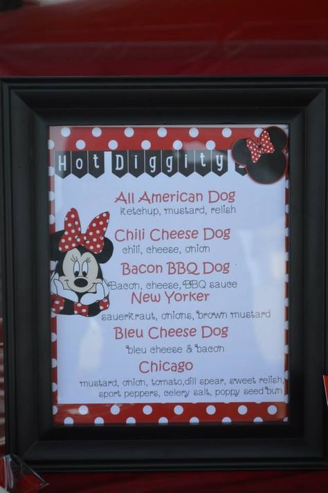 Hot dog bar sign for a Minnie Mouse birthday party Birthday Party Food For Kids, Hot Diggity Dog Bar Free Printable, Hot Dog Bar Ideas, Mickey Mouse Hot Dog Bar, Hot Dog Bar Sign, Birthday Bonfire, Minnie Mouse Hot Diggity Dog Bar, Hot Diggity Dog Bar Sign, Party Food For Kids