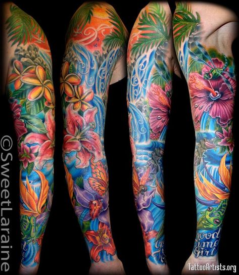 Flower Arm Tattoos, Half Sleeve Flower Tattoo, Tropisches Tattoo, Tattoo Turtle, Tropical Flower Tattoos, Hawaiian Flower Tattoos, Hawaiian Tattoos, Tropical Tattoo, Tattoo Band