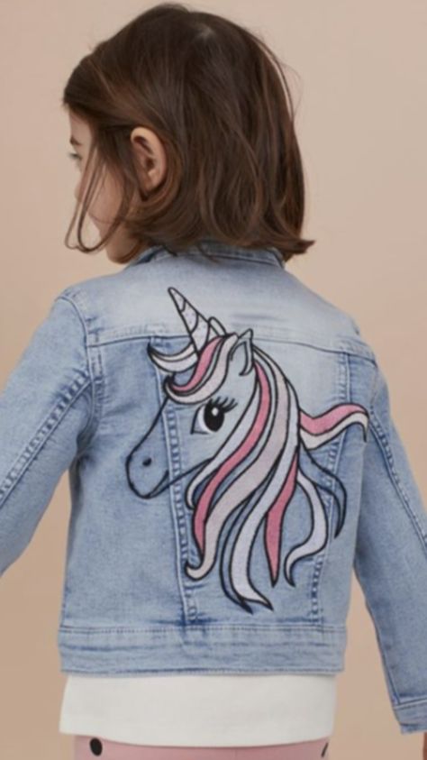 A Line Frock, Jeans Painting, Designs To Paint, Jean Jacket Design, Customised Denim Jacket, Jean Ideas, Kids Denim Jacket, Kids Frock, Diy Denim Jacket