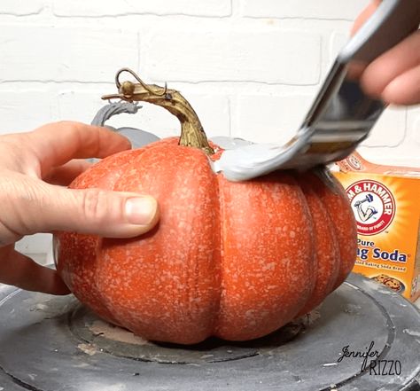 Trash to Terra Cotta Painted DIY Concrete Pumpkin - Jennifer Rizzo Baking Soda Paint, Cement Pumpkins, Concrete Pumpkins, Textured Spray Paint, Pumpkin Planter, Baking Soda Water, Fake Pumpkins, Paint Trends, Plastic Pumpkins