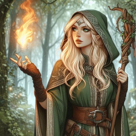 Aasimar Female Druid, Lotr Elf Aesthetic, Druid Elf Female, Elf Wizard Female Dnd, Druid Dnd Character Concept, Female Druid Art, Female Druid Dnd, Dnd Druid Character Design, Female Wizard Character Design