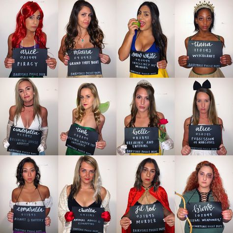 Princesses In Jail Costume, Disney Princess Mugshots Costume, Disney Princess Jail Costume, Bridal Party Halloween Costumes, Arrested Disney Princess Costume, Hen Party Costume Ideas, Arrested Princess Costume, Princess Jail Halloween Costume, Disney Princess College Costume