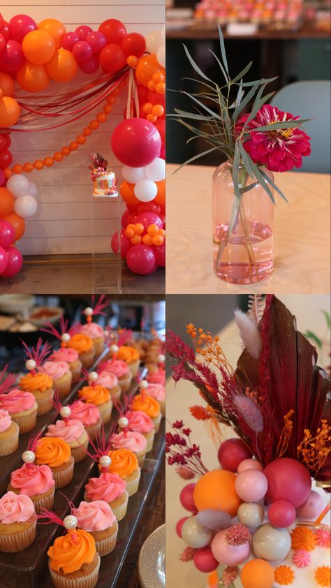 Orange, Pink and Gold birthday party decorations Pink Orange Birthday Theme, Pink Orange Centerpiece, Pink And Orange Desserts, Orange Pink Birthday Party, Pink Orange Gold Graduation Party, Pink Orange Baby Shower Ideas, Hot Pink And Orange Birthday Cake, Pink And Orange Themed Party, Orange And Pink Theme Party