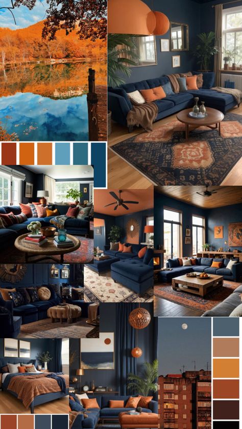 Navy Blue Colour Palette Living Room, Navy House Interior Color Schemes, Navy Terracotta Living Room, Blue Brown And Grey Living Room, Navy Blue And Terracotta Living Room, Navy And Brown Color Palette, Navy And Copper Living Room, Navy And Terracotta Living Rooms, Navy Orange Living Room