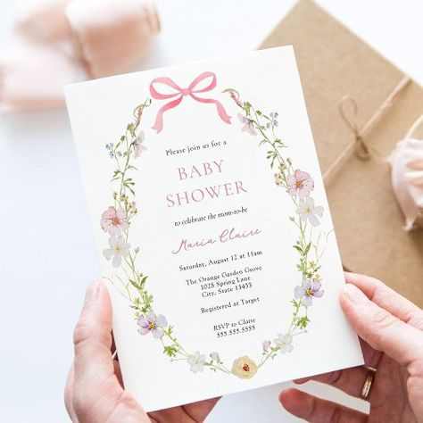 $1.90 | Wildflower Pink Bow Baby Shower #wildflower, feminine, watercolor, spring, flowers, pink, baby girl, baby shower, bow Bow Invitation, Feminine Watercolor, Online Baby Shower, Bow Baby Shower, Wildflower Baby Shower, Watercolor Spring, Pink Baby Shower Invitations