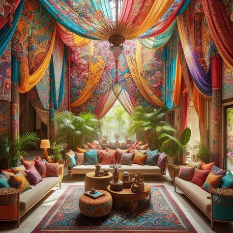 Vibrant Exotic Textiles Draping Spaces in Tropical Elegance Boho Terrace, Tropical Decor Ideas, Classy Room, Bar House, Theme Restaurant, Classy Rooms, Diy Backyard Patio, Indian Theme, Boho Style Decor