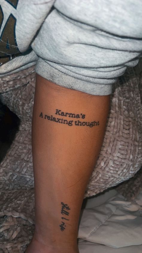 taylor swift “karmas a relaxing thought” tattoo in typewriter font. Karma Is A God Tattoo, Karma Tattoo Taylor Swift, Tattoo Designs Taylor Swift, Karmas A Relaxing Thought, Thought Tattoo, Tattoo Karma, 2023 Taylor Swift, Swift Tattoo, Tattoos 2023