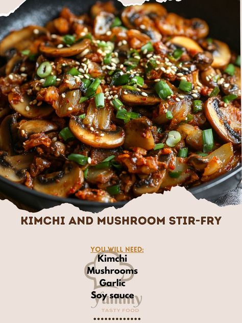 🍄 "Spice up your weeknight with this savory Kimchi and Mushroom Stir-Fry—quick, easy, and full of flavor!" 🍄🔥 #QuickDinner #KimchiLove Kimchi and Mushroom Stir-Fry Ingredients: Kimchi (1 cup, chopped) Mushrooms (200g, sliced) Garlic (2 cloves, minced) Soy sauce (2 tbsp) Sesame oil (1 tbsp) Green onions (2, chopped) Gochujang (1 tbsp) Sesame seeds (1 tsp, for garnish) Instructions: Heat sesame oil in a pan over medium heat. Add minced garlic and sauté until fragrant. Toss in the mushrooms ... Mushroom Stir Fry, Stir Fry Ingredients, Quick Stir Fry, Sesame Oil, Quick Dinner, Sesame Seeds, Green Onions, Kimchi, Minced Garlic