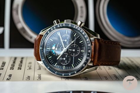 The Omega Speedmaster Professional Moonphase Omega Speedmaster Moonphase, Omega Speedmaster Professional, Speedmaster Professional, Omega Speedmaster, Beautiful Watches, Swiss Made, Moon Phases, Omega Watch, Leather Straps