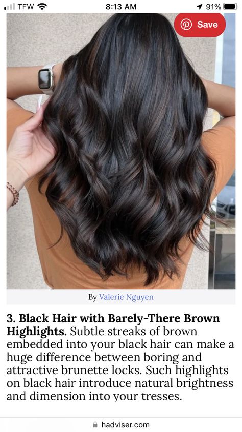 Dimensional Black Hair, Black Hair With Highlights, Hair Balayage, Brown Highlights, Hair Color Trends, Long Hair Cuts, Hair Trends, Hair Inspo, Hair Ideas