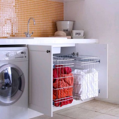 T A N S E L • PULL OUT STORAGE on Instagram: “Concealed laundry baskets make the space tidy & clutter free. Made using stainless steel wire, each holds 40kgs & have a 97 litre storage…” Wire Closet Organizers, Concealed Laundry, Laundry Storage Solutions, Laundry Basket Storage, Laundry Solutions, Bathroom Baskets, Laundry Design, Bathroom Storage Solutions, Modern Laundry Rooms