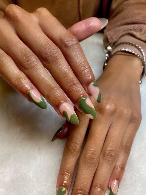 Gelx and nude pink Olive And Pink Nails, Khaki Nail Designs, Green And Tan Nails, Olive Green And Pink Nails, Nude And Green Nails, Olive Green Nails, Tan Nails, Green Nail Art, Nail Art Galleries