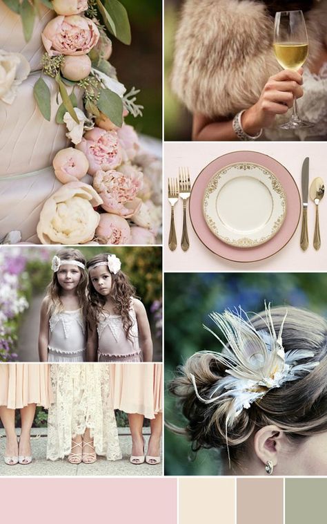 very feminine, pink affair, but not in the sickly sweet sense. We have chosen dusty pink as a base colour and mixed it with shades of peach, taupe and sage. You might think this inspiration is more suited to a summer wedding (for which it would be fabulous!)  but we think it would be just as equally beautiful for a winter one, think warm furs mixed with a touch of sparkle and voila! Colour Palette Green, Dusty Pink Wedding, Mode Pastel, Palette Green, Dusty Pink Weddings, 1940s Wedding, Pink Wedding Inspiration, Shades Of Peach, Green Sage