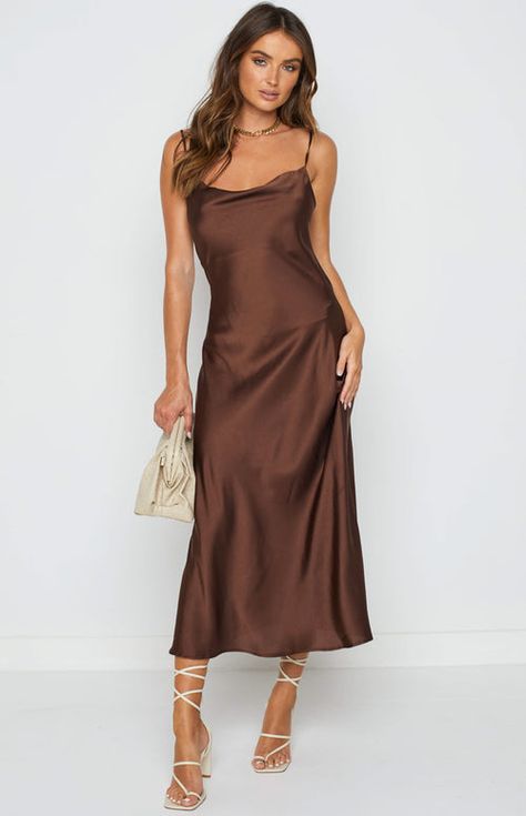 Brown Bridesmaid Dress, Brown Satin Dress, Brown Cocktail Dress, Midi Dress Brown, Brown Bridesmaid Dresses, Cocktail Midi Dress, Brown Maxi Dresses, Midi Bridesmaid Dress, Casual Midi Dress