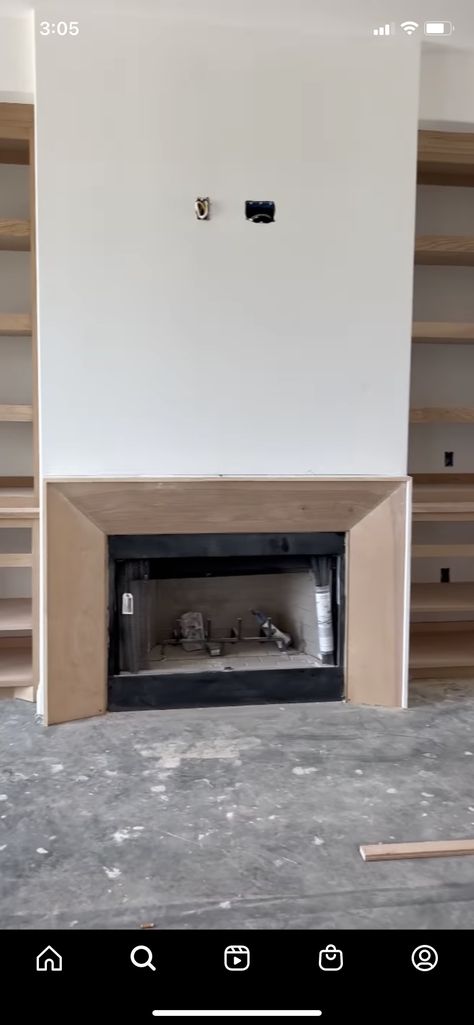 Low Level Fireplace, Walnut Fireplace Surround, White Oak Fireplace Surround, Diy Modern Fireplace Surround, Fireplace Flat Wall, Flat Wall Fireplace, Flush Fireplace Wall, Linear Fireplace With Mantle, Gas Fireplace Surround Ideas